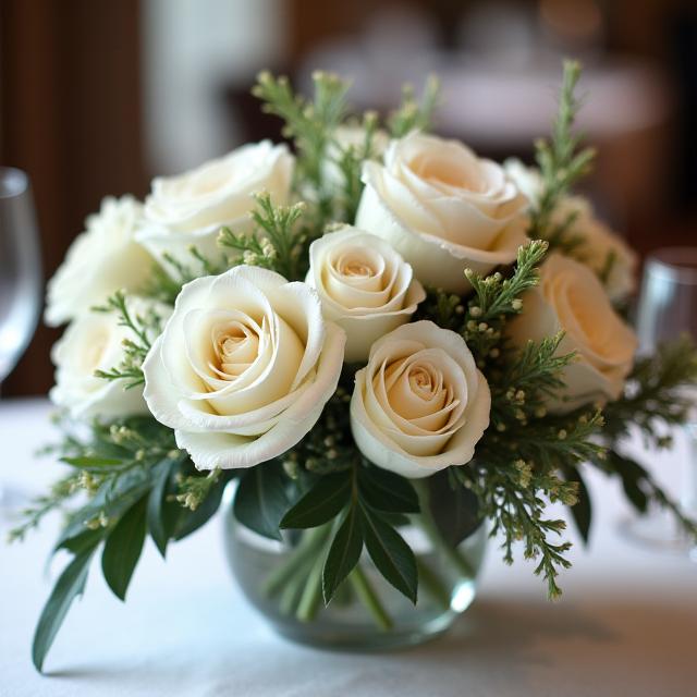 Centrotavola elegante con rose bianche e verde alpino.