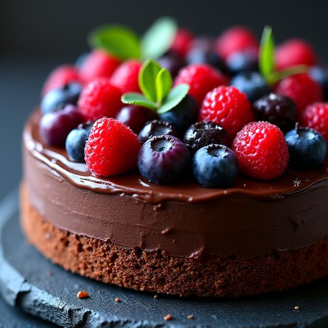 Torta al cioccolato 'Foresta Alpina' con frutti di bosco.
