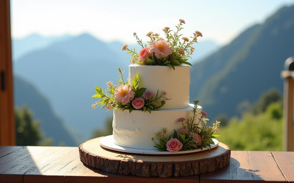 Elegante torta decorata con fiori freschi su un tavolo con sfondo alpino.