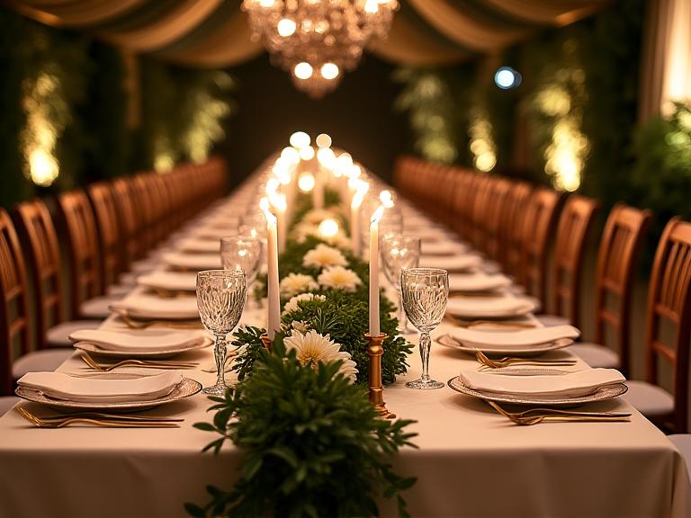 Tavolo imperiale per evento decorato con ghirlande floreali.