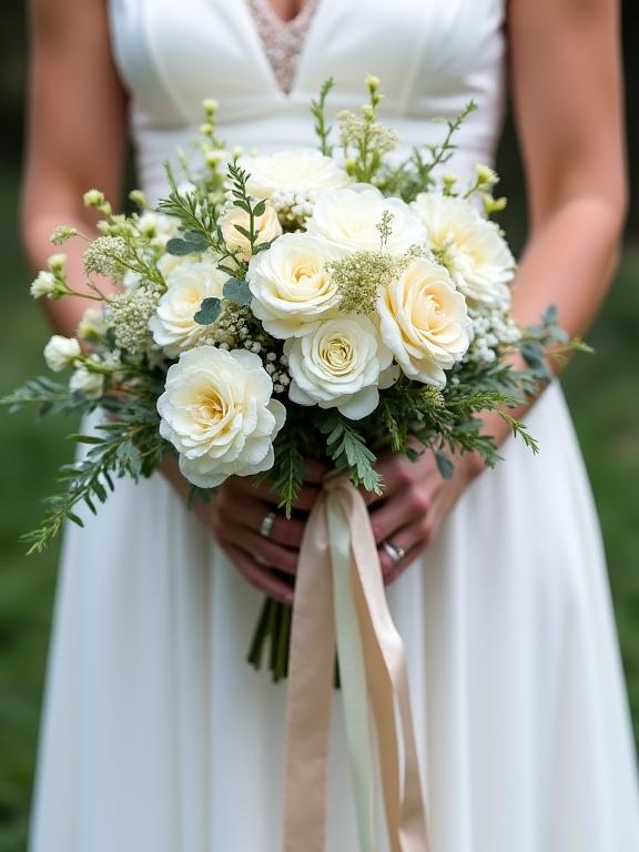 Bouquet da sposa con fiori di montagna e nastri di seta.