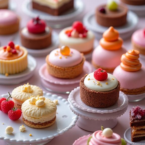 Dettaglio di un tavolo di dessert con monoporzioni e pasticcini.