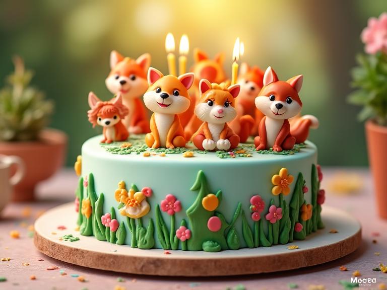 Torta di compleanno per bambino a tema animali del bosco.