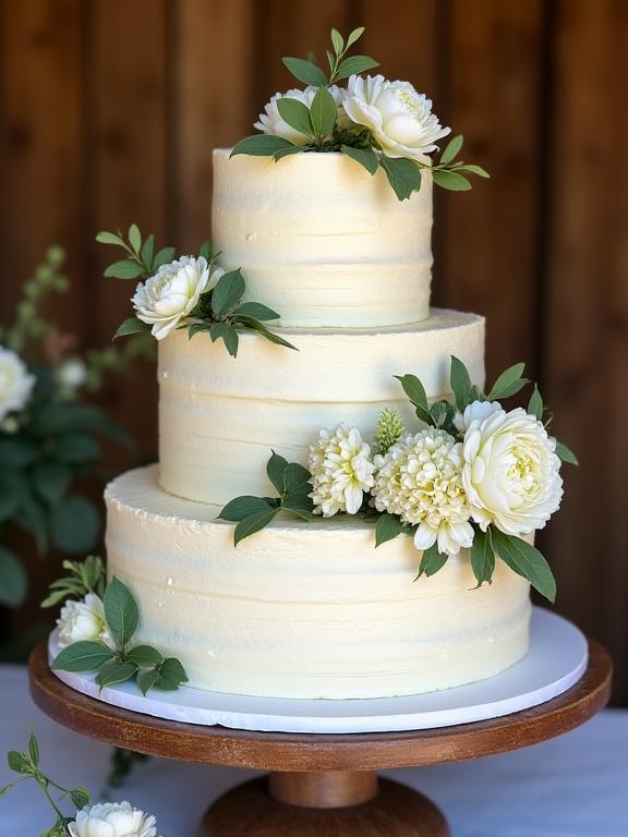 Torta nuziale rustica a tre piani con fiori bianchi.
