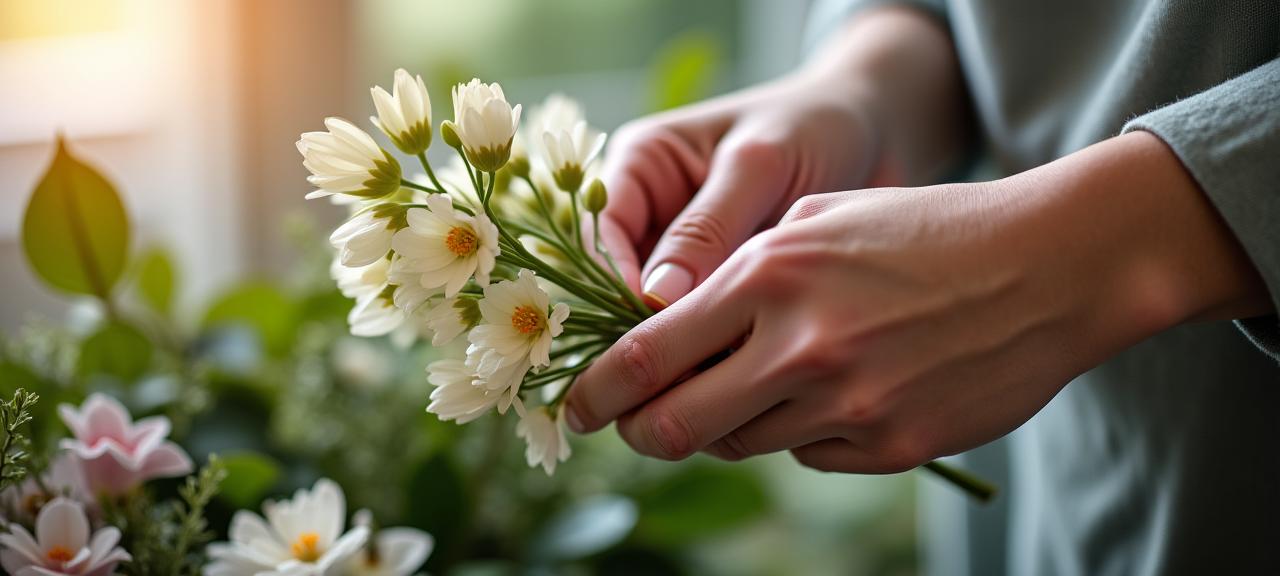 Dettaglio di mani che creano una composizione floreale.
